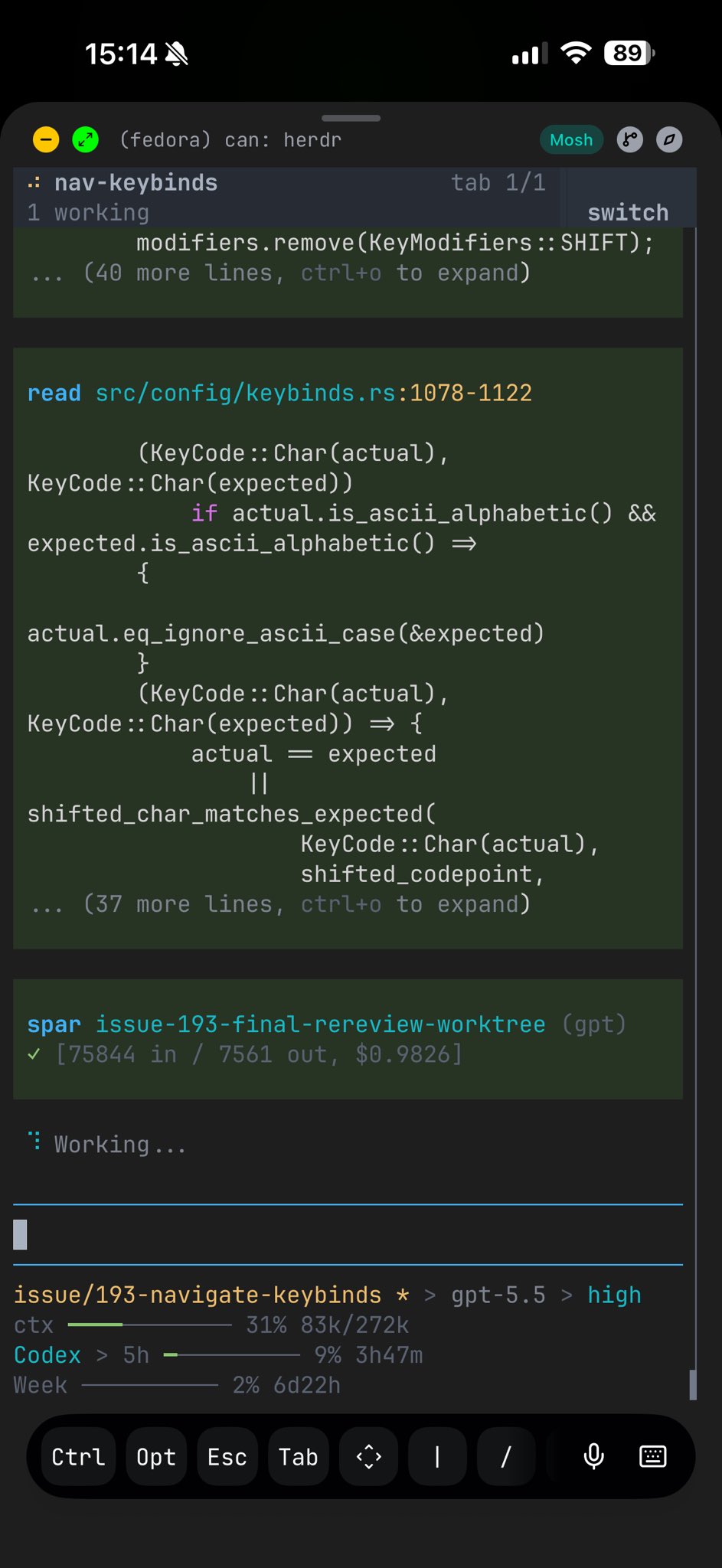 PK-Herdr agent session over SSH on a phone
